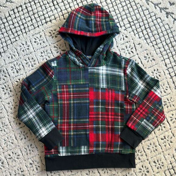 Polo Ralph Lauren Boys Patchwork Plaid Print Fleece Hoodie sz